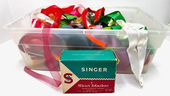 New In Box Vintage Singer Skirt Marker & Box Of Ribbon