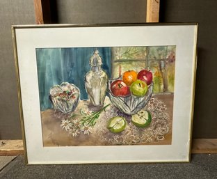 Original Watercolor Art Work On A Table With Fruits, Flower Signed By The Artist Jean Carrozza 1994. DC/CVBC-b