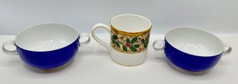 2 Rosenthal Double Handled Mugs, Germany & Wedgwood Mug Sherwood Christmas Pattern, England