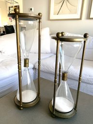 Pair Tall Glass & Brass Decorative Hour Glasses