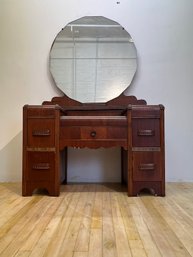 Antique Art Deco Waterfall Vanity With Large Beveled Dressing Mirror