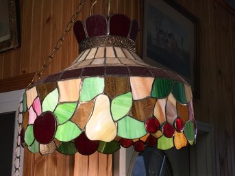 Very Nice Vintage Handmade Stained Glass Hanging Fixture With Fruit - Cherries - Pears - Nice Vintage Piece