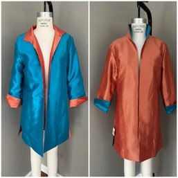 Grace Chuang Reversible Salmon/Turquoise Open Front Long Swing Jacket MEDIUM NEW MSRP $165