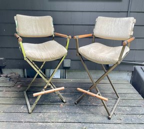 Pair Of Mid Century Brass And Wood X-Base Barstools