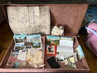 Army Chest With Mementos Of World War II Including Map, Photograph, Postcards & More