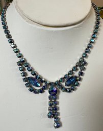 STUNNING VINTAGE BLUE PRONG SET RHINESTONE DANGLE NECKLACE