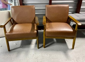 Pair Of MCM Style Wood Framed Low Arm Chairs