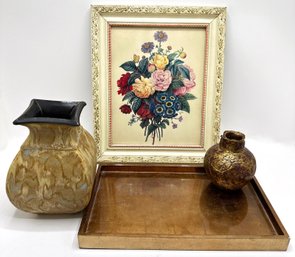 Small Floral Print, 2 Vases & West Elm Tray