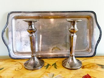 A Vintage Silver Plated Serving Tray And Pair Of Candlesticks