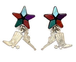 Vintage QT QUOC Navajo Sterling Silver Multi Color Star Dangle Earrings