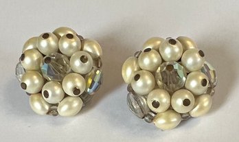 VINTAGE SIGNED LAGUNA AURORA & FAUX PEARL CLIP-ON EARRINGS