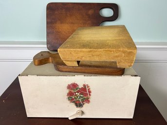 Antique Tin Bread Box & Three Bread Boards