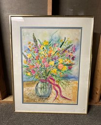 Original Watercolor Painting Of A Flower Vase Bunch Of Flowers On Table Signed By Jean Carrozza 1995.DC/CVBC-B