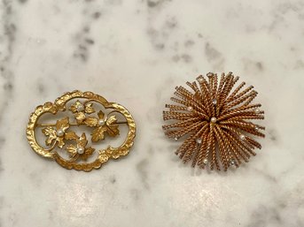 Vintage Gold Toned Brooches With Small Pearl Accents
