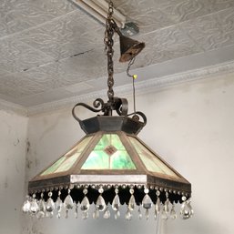 Beautiful Antique Arts & Crafts / Mission Style Hanging Fixture - Nice Green Slag Glass / Great Ceiling Cap