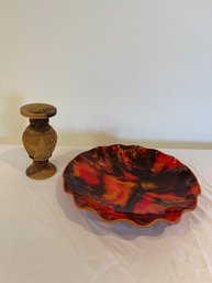 Carved Wooden Vase And A Decorative Scalloped Edge Bowl.