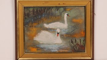 VINTAGE ENAMEL ON METAL PAINTING WITH SWANS MID CENTURY MODERN