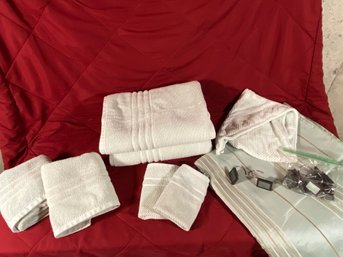 Hotel Belfour Turkish Cotton Bath, Hand And Wash Cloth Towels Set Pale Aqua Color With Shower Curtain & Hooks