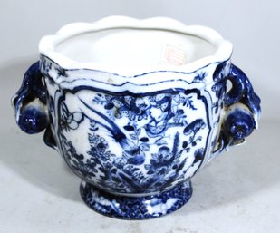 Contemporary Small Sized Cashe Pot Chinese Blue White Having Fruit Handles