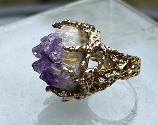 Modernist Abstract Sterling Silver Ring In Gold Wash With Amethyst Chunk By Panetta