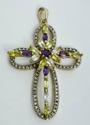 DESIGNER ROSS SIMONS AMETHYST & PERIDOT STERLING SILVER CROSS PENDANT