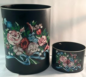 1950s Hand Painted Tin Trash Can & Matching Utensil Holder