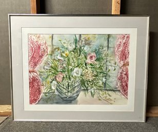 Original Watercolor Painting A Flower Vase Signed By The Artist Jean Carrozza 1993 Wooden Framed. DC/CVBC-B