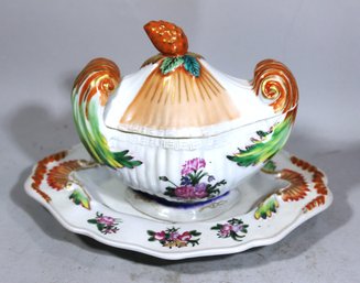 Fine Antique Chinese Export Lidded Tureen On Tray Floral 19th Century