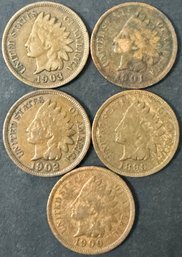 5 Indian Head Pennies 1899, 1900, 1901, 1902, 1903