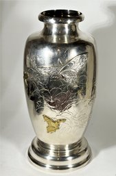 Korean Sterling Silver Mixed Metals Vase W Butterflies 323.2 Grams