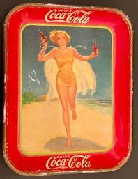 Vintage Coca Cola Coke Tin Litho Serving Advertising Tray - 1937 Running Girl On Beach - American Art Works