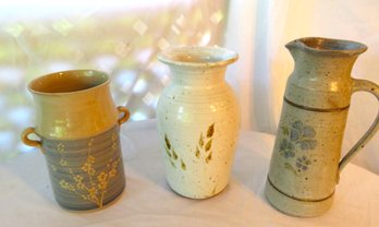 Studio Pottery 3 Pieces With Pitcher And Vases