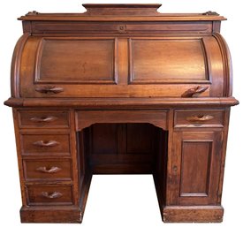 Antique Victorian Walnut Cylinder Roll Top Desk With Secret Hiding Cubby