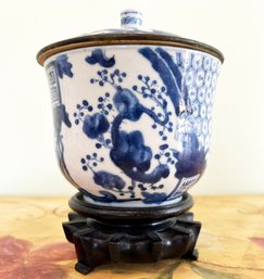 A Vintage Chinese Export Ceramic Canister On Carved Rose Wood Base