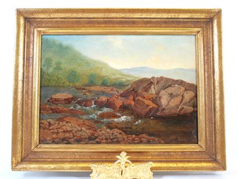 Antique Framed And Signed Oil On Board Painting Of River Scene