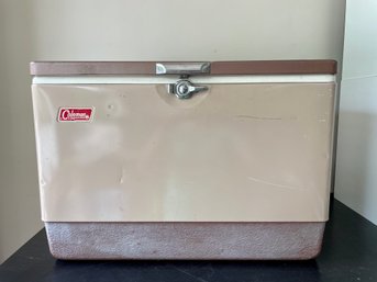Vintage Coleman Taupe Metal Cooler With Bottle Openers & Drain