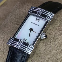 Fantastic $675 Retail BURBERRY Ladies Watch With Mother Of Pearl Dial - Black Leather Strap - Original Box !