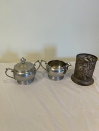 Sugar Bowl, Cream Pitcher And Candle Holder