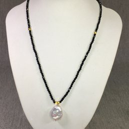 Fantastic Black Jet & Gold Bead Necklace With Natural Flat Coin Pearl Pendant Necklace - Very Pretty Piece !