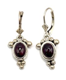 Beautiful Sterling Silver Amethyst Cabochon Ornate Dangle Earrings