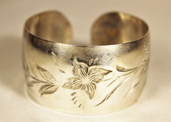 Large Wide Sterling Silver Cuff Bracelet Floral Engraved Design