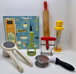 Kitchen Tools: New Cookbook, Ricer, Masher, Dough Mixer, Pizza Cutter, Corn Cutter & Vintage Rolling Pin