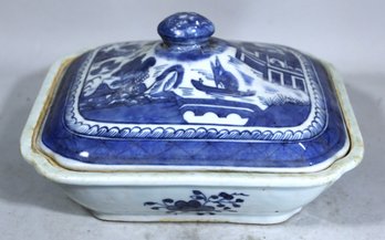 Antique Chinese Canton Chinese Export Porcelain Blue White Lidded Vegetable Tureen