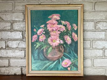 Pink Floral Still Life Oil Painting On Board - Unsigned