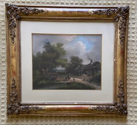 Antique Old World European Farm Scene Thatched Roof Farm House Ornate Gold Floral Frame 27x24 Fine Collector