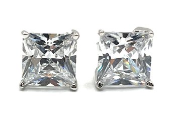 Beautiful Sterling Silver Large Clear Stone Square Stud Earrings