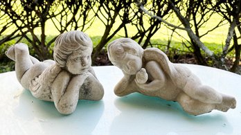 A Pair Of Cast Stone Garden Cherubs - Adorable!