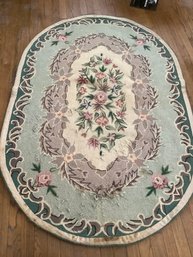 Antique Hand Knotted Green Floral Oval Rug