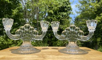 Mid Century Cambridge Glass Company Cascade Double Light Candlestick Pair