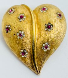 SIGNED BSK TEXTURED GOLD TONE RED & WHITE RHINESTONE HEART BROOCH